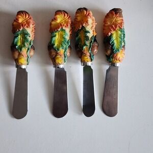 Vintage Fall Leaf Handle Butter Knife Set Stainless Steel Spreader 4pc Rustic‎